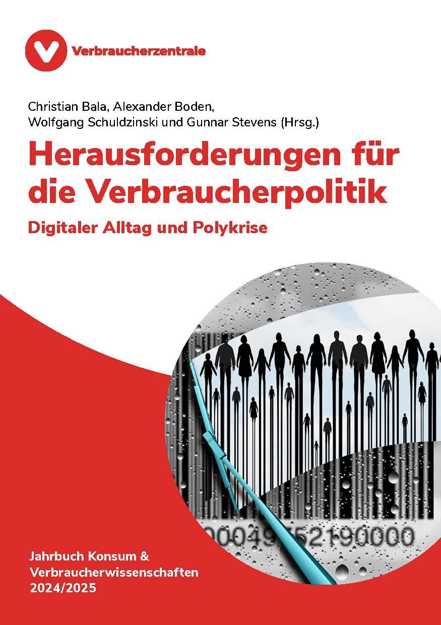 Das Cover zeigt in der oberen Hälfte das Logo der Verbraucherzentrale (ein roter Punkt mit einem weißen „V“ in der Mitte). Darunter befinden sich die Namen der Herausgeber (Christian Bala, Alexander Boden, Wolfgang Schuldzinski und Gunnar Stevens) und der Titel der Publikation: „Herausforderungen für die Verbraucherpolitik – Digitaler Alltag und Polykrise“.  In der linken unteren Hälfte des Covers findet sich der Reihentitel: „Jahrbuch Konsum und Verbraucherwissenschaften 2024/2025“. In der rechten Hälfte des Covers ist eine kreisförmige Abbildung zu sehen. Die Abbildung zeigt einen türkisblauen Scheibenwischer, der über einen trüben und mit Wassertropfen gesprenkelten EAN-Code wischt. An den Stellen, an denen der Scheibenwischer bereits die Wassertropfen weggewischt hat und damit ein klares Bild ermöglicht, sind schwarze Personensilhouetten erkennbar, deren Beine in die Striche des EAN-Codes übergehen.