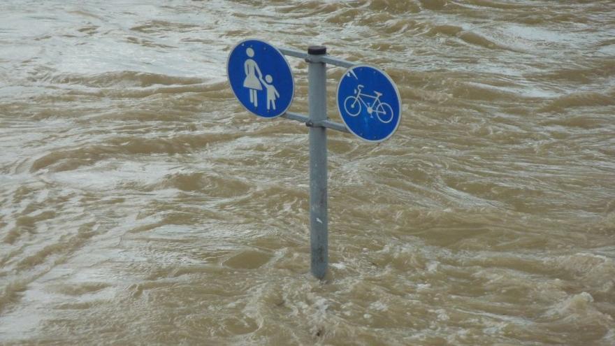 Verkehrsschilder (Fußgänger und Radfahrer) in einer Flut